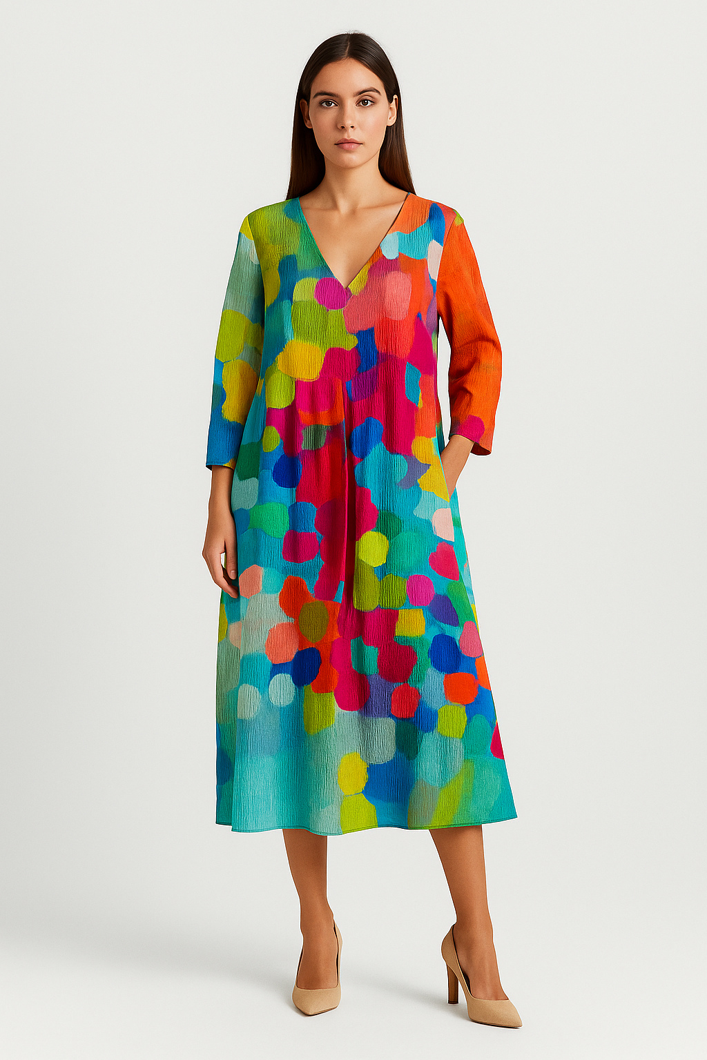 Ariella – Buntes Kleid mit V-Ausschnitt und elegantem Design