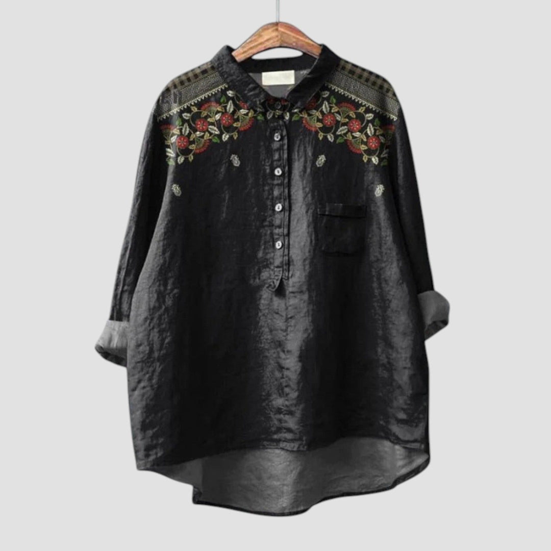 Carina | Oversized schwarze Bluse mit Blumenstickerei für einen eleganten und entspannten Stil