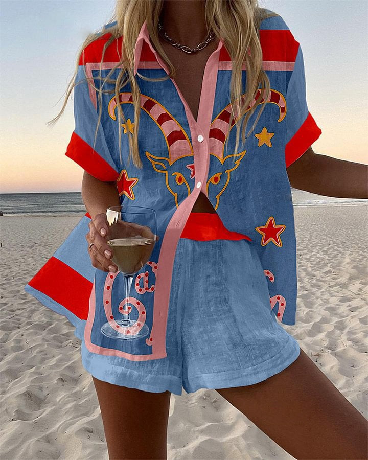 Jorelle | Kurzes komplettes Leinen-Outfit mit Ziege-Druck