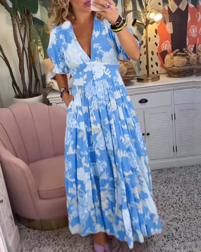 Isabeau    - Langes bequemes Kleid mit V-Ausschnitt und Taschen