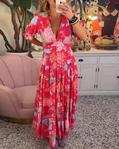 Isabeau    - Langes bequemes Kleid mit V-Ausschnitt und Taschen