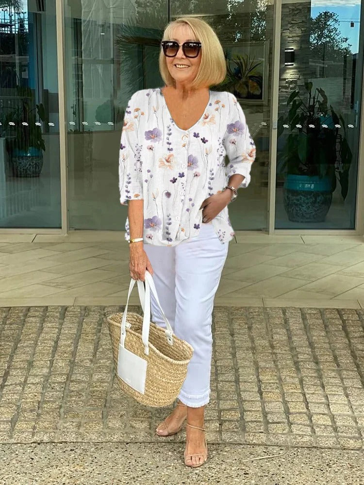 Barbara | Baumwolle und Leinen Blumenmuster Top