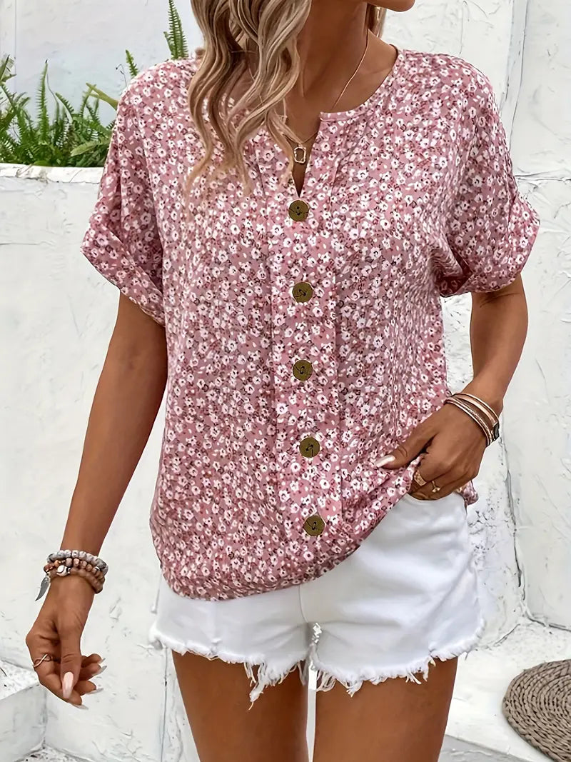Cindy | Blumenmuster mit Schlitz-Ausschnitt Bluse