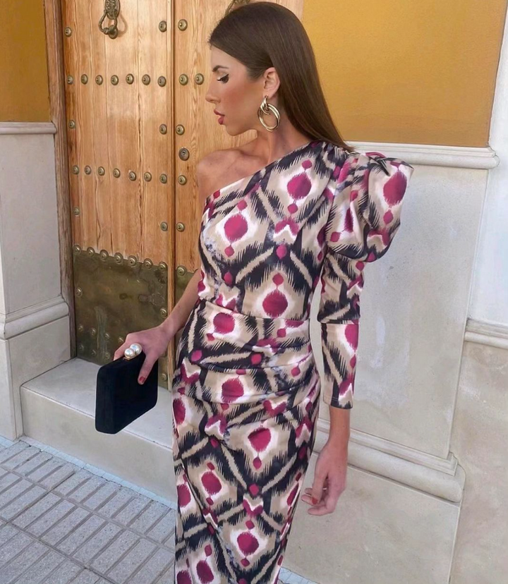 Yllana - Lila Puff-Ein-Schulter-Midi-Kleid
