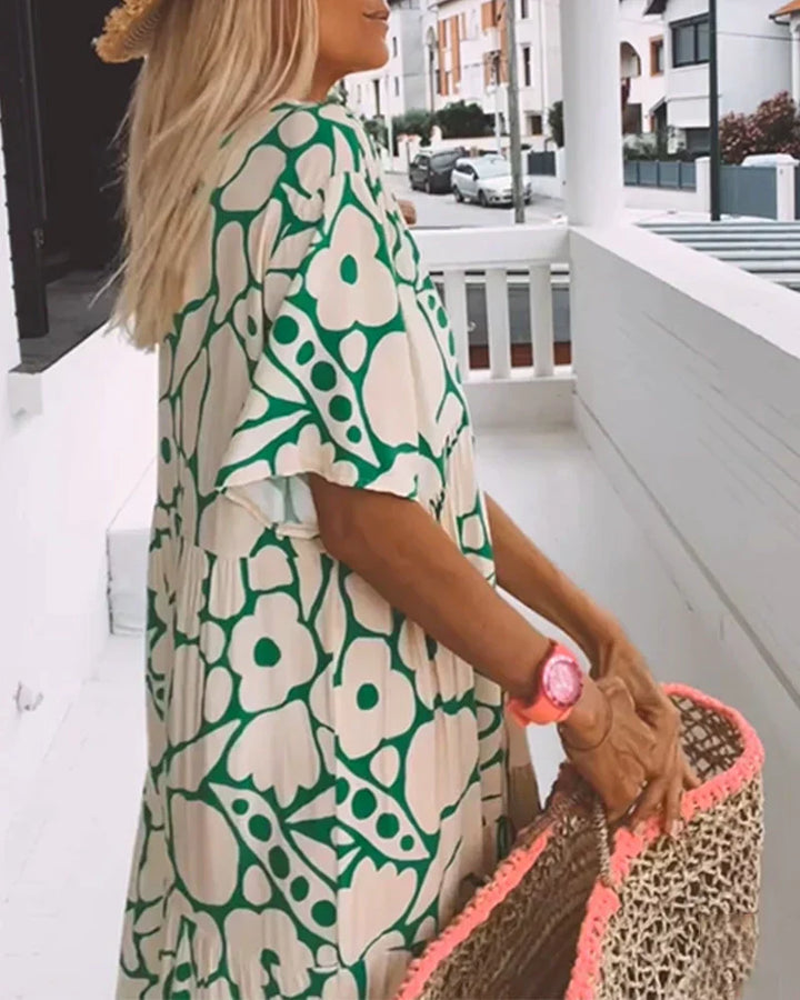 CHRISTINE | Langes Sommerkleid mit fließendem Schnitt und eleganten grafischen Mustern