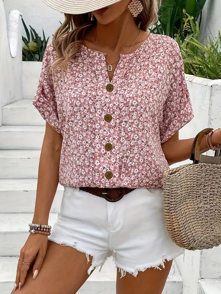 Cindy | Blumenmuster mit Schlitz-Ausschnitt Bluse