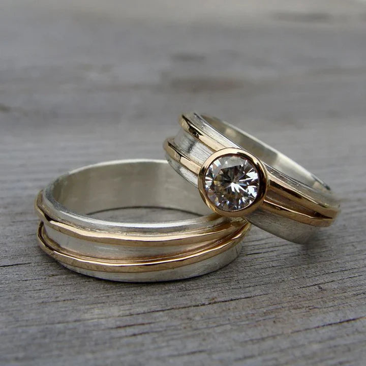 Vintage Feiner Zirkonia Gold- und Silberring-Set