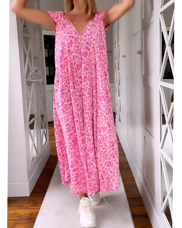 Véronique | Lange V-Ausschnitt Kleid mit Druck und kurzen Ärmeln