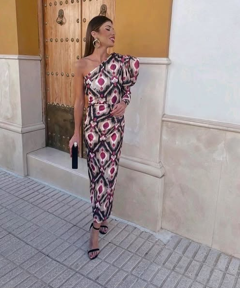 Yllana - Lila Puff-Ein-Schulter-Midi-Kleid
