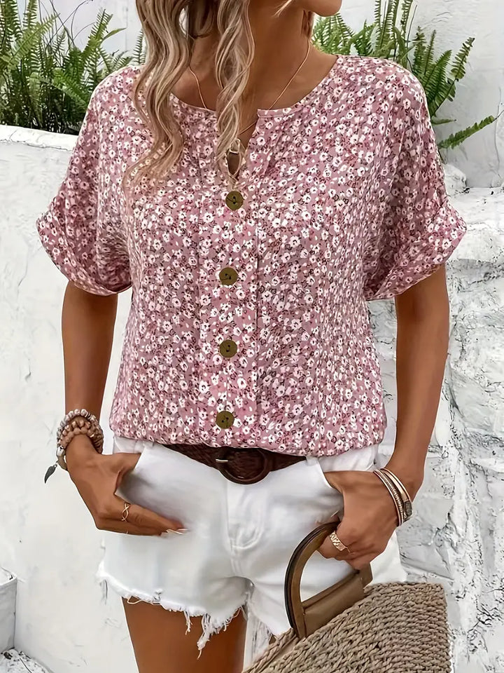 Cindy | Blumenmuster mit Schlitz-Ausschnitt Bluse