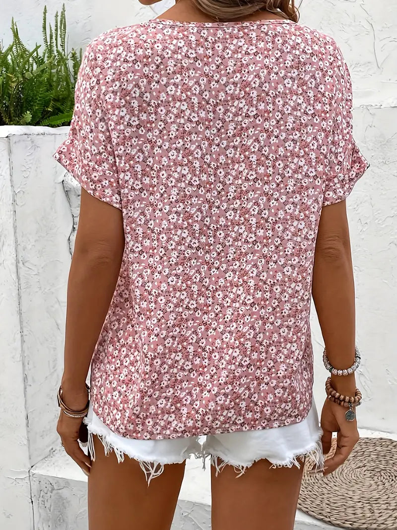 Cindy | Blumenmuster mit Schlitz-Ausschnitt Bluse