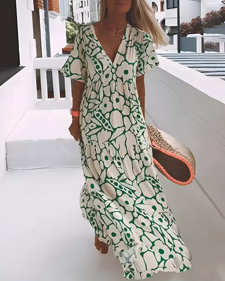 CHRISTINE | Langes Sommerkleid mit fließendem Schnitt und eleganten grafischen Mustern