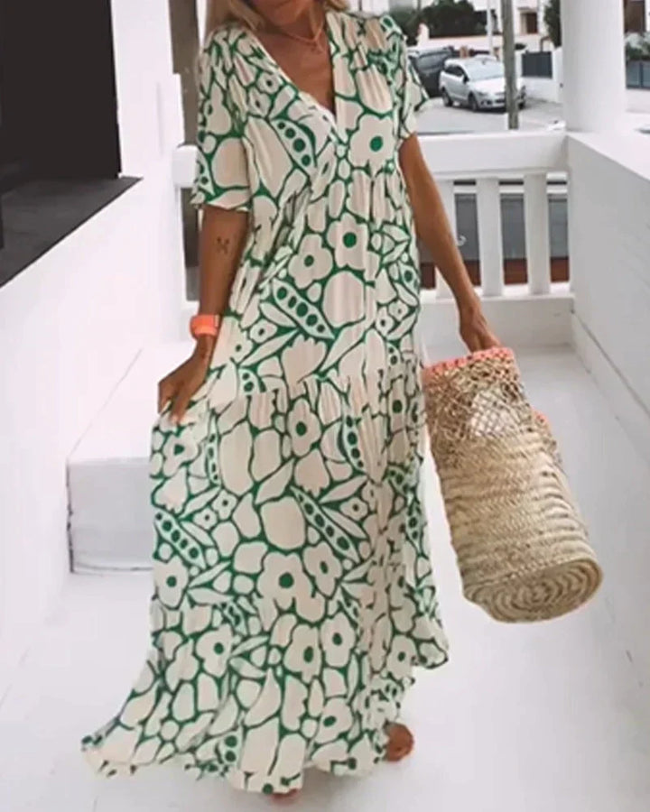 CHRISTINE | Langes Sommerkleid mit fließendem Schnitt und eleganten grafischen Mustern
