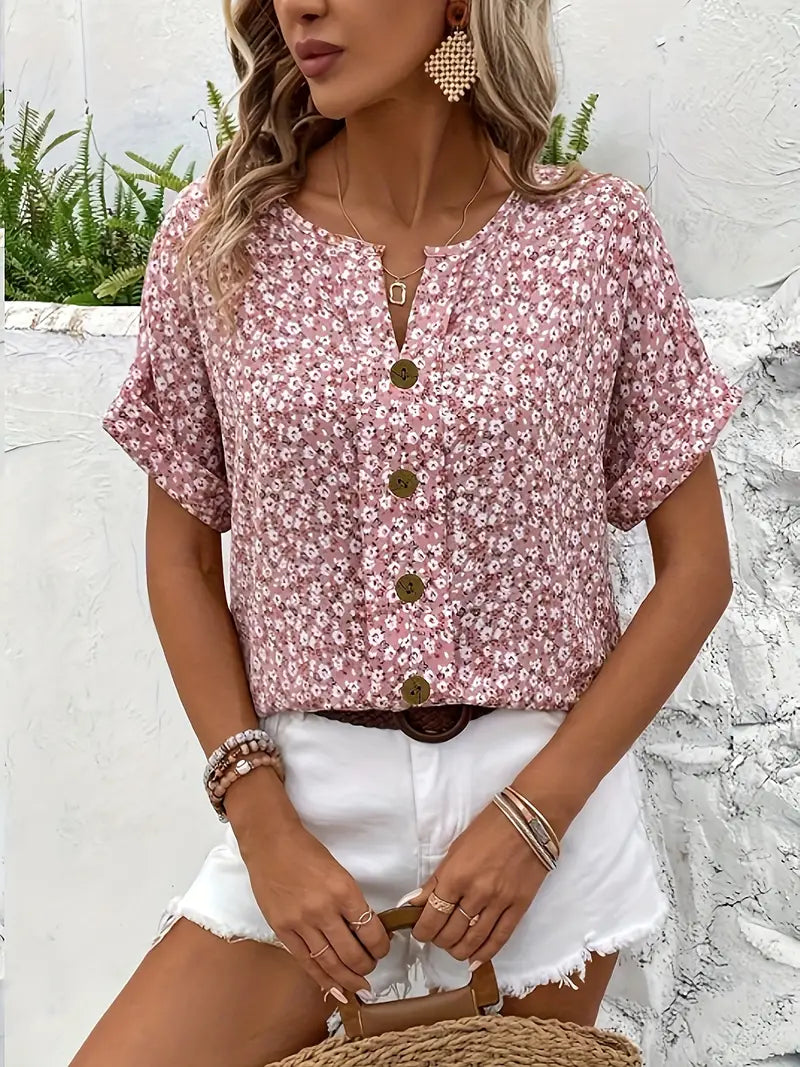 Cindy | Blumenmuster mit Schlitz-Ausschnitt Bluse