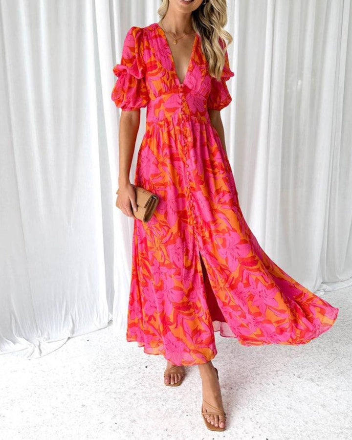 Rosea Elegantes Maxikleid mit Puffärmeln und V-Ausschnitt