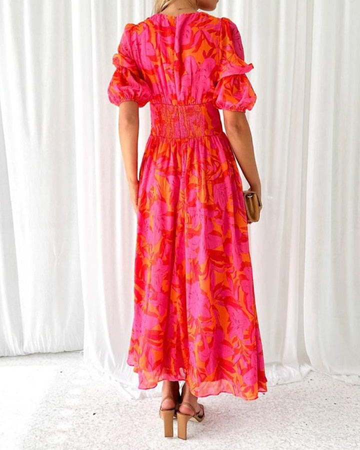 Rosea Elegantes Maxikleid mit Puffärmeln und V-Ausschnitt