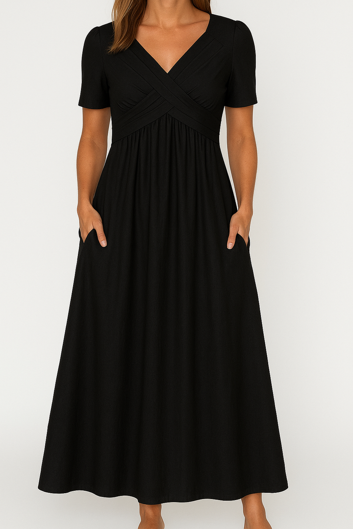 Briana - Elegantes Midi V-Ausschnitt Kleid mit Taschen
