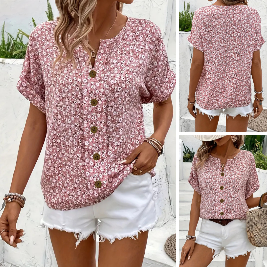 Cindy | Blumenmuster mit Schlitz-Ausschnitt Bluse