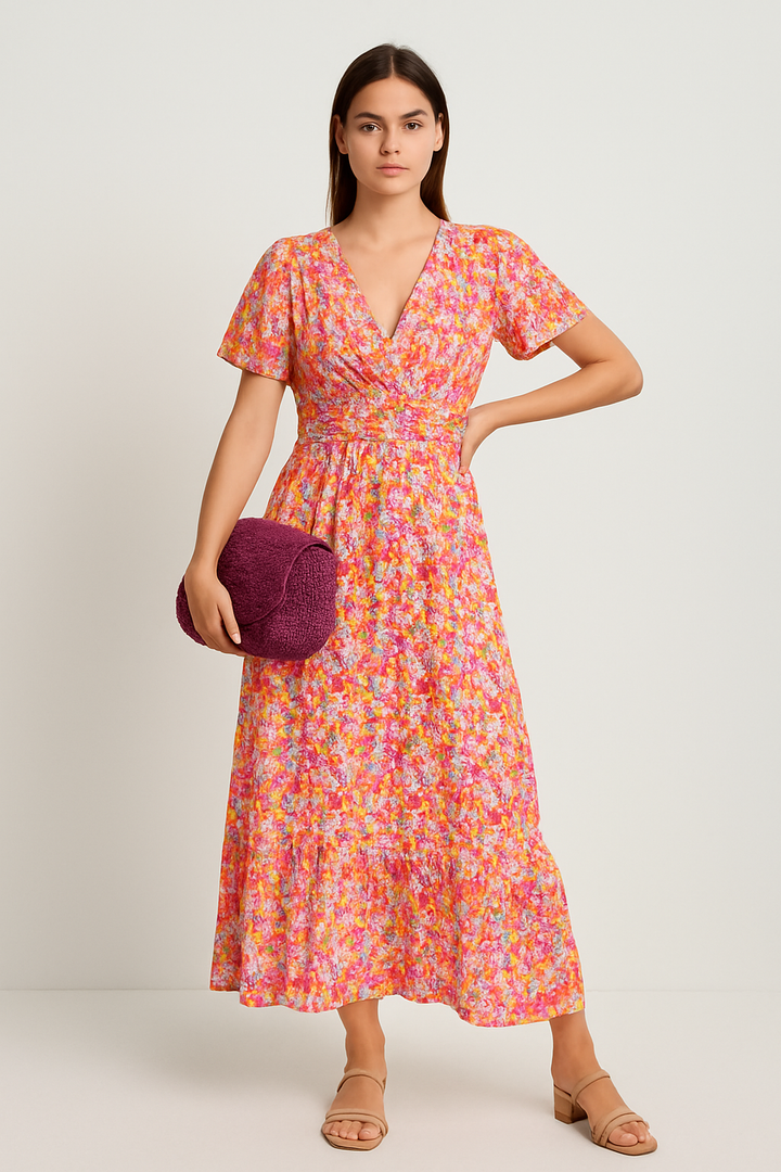 Floriva – Maxikleid mit Blumenmuster und elegantem V-Ausschnitt