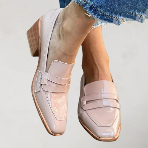 Evelara - Roségoldene lackierte Loafers mit dickem Absatz