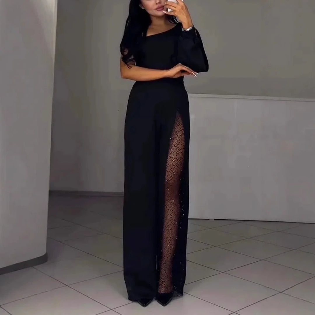 Modischer und sexy Damen Jumpsuit mit abfallenden Schultern und hohem Schlitz