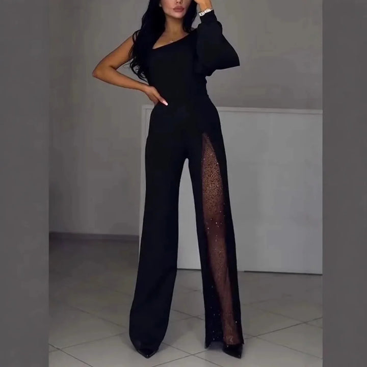 Modischer und sexy Damen Jumpsuit mit abfallenden Schultern und hohem Schlitz