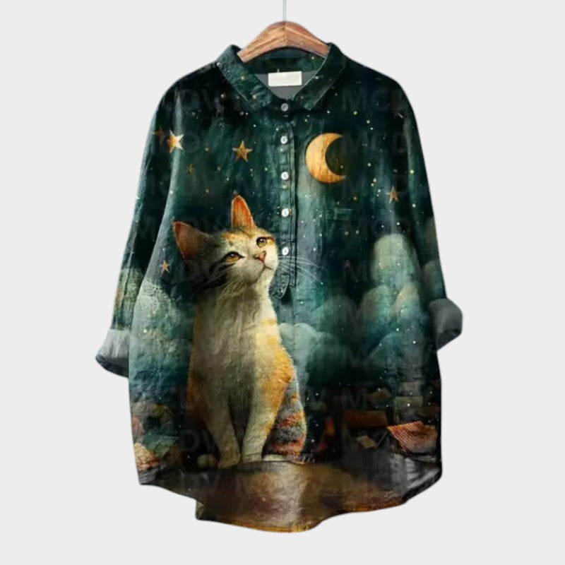 VIVIANA | Oversized-Bluse mit Aquarellkatzen und fröhlichem Komfort für jeden Moment