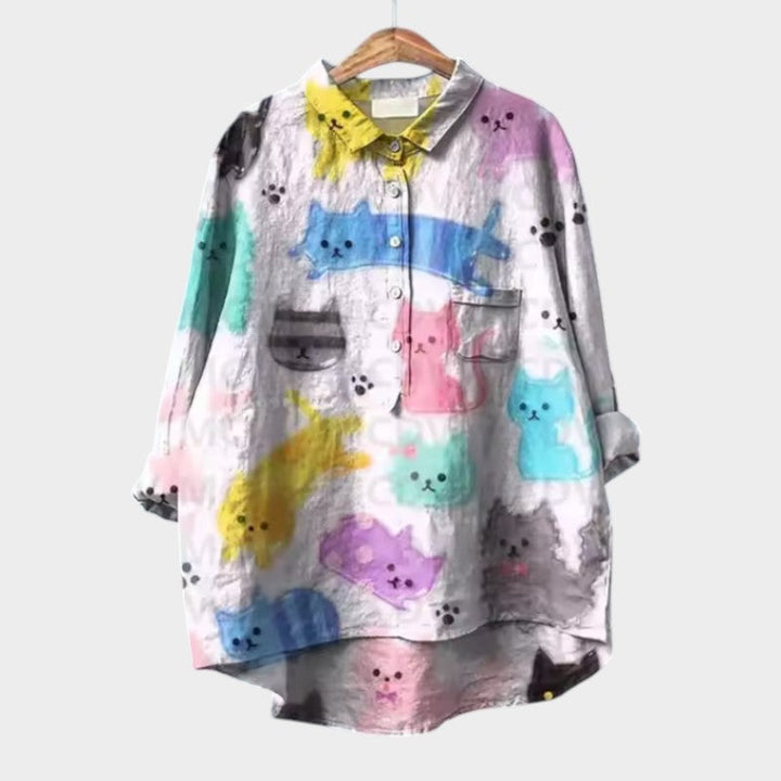 VIVIANA | Oversized-Bluse mit Aquarellkatzen und fröhlichem Komfort für jeden Moment