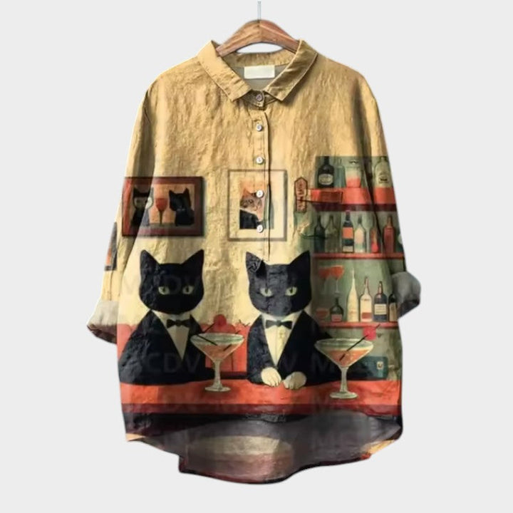 VIVIANA | Oversized-Bluse mit Aquarellkatzen und fröhlichem Komfort für jeden Moment