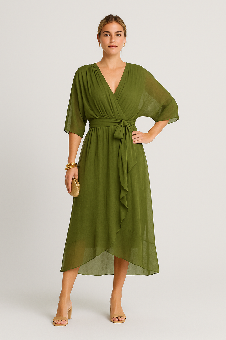 Yalina – Luftige V-Ausschnitt Wickelkleid mit Asymmetrischem Saum