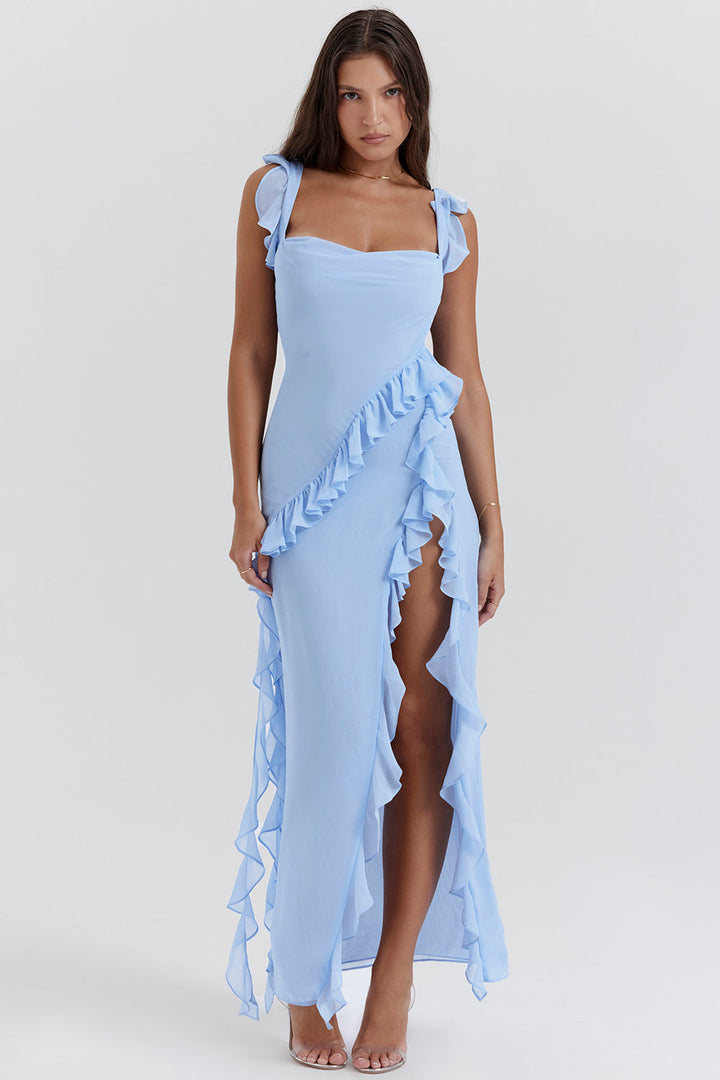 Lola - Langes Kleid mit Volants und Öffnung