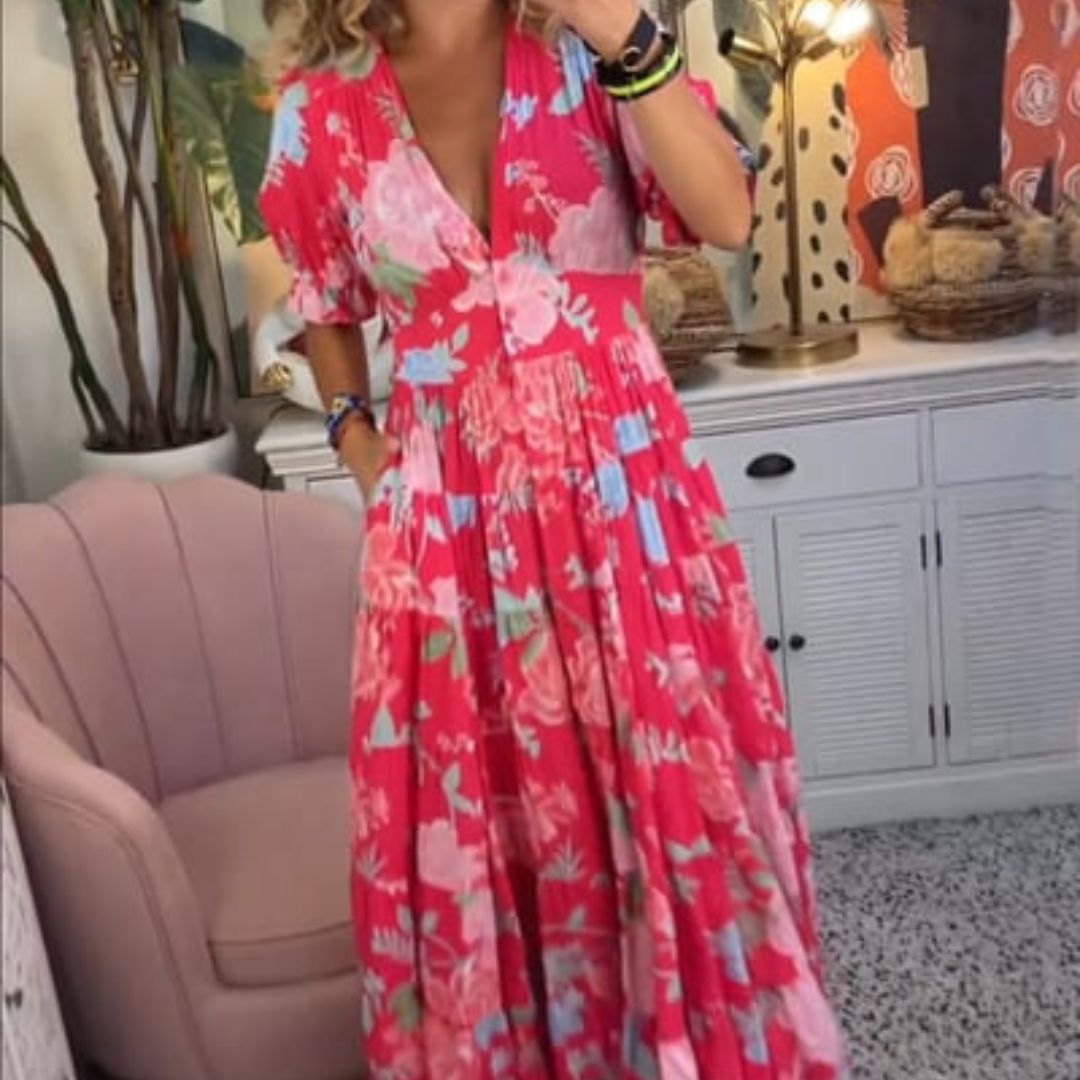 Isabeau    - Langes bequemes Kleid mit V-Ausschnitt und Taschen