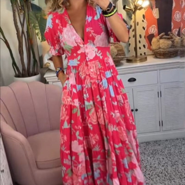 Isabeau    - Langes bequemes Kleid mit V-Ausschnitt und Taschen