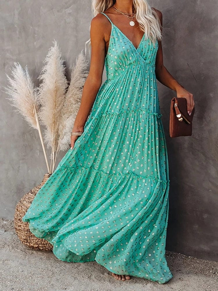 Evi Grüne Maxi-Kleid mit V-Ausschnitt und sommerlichem Ibiza-Muster