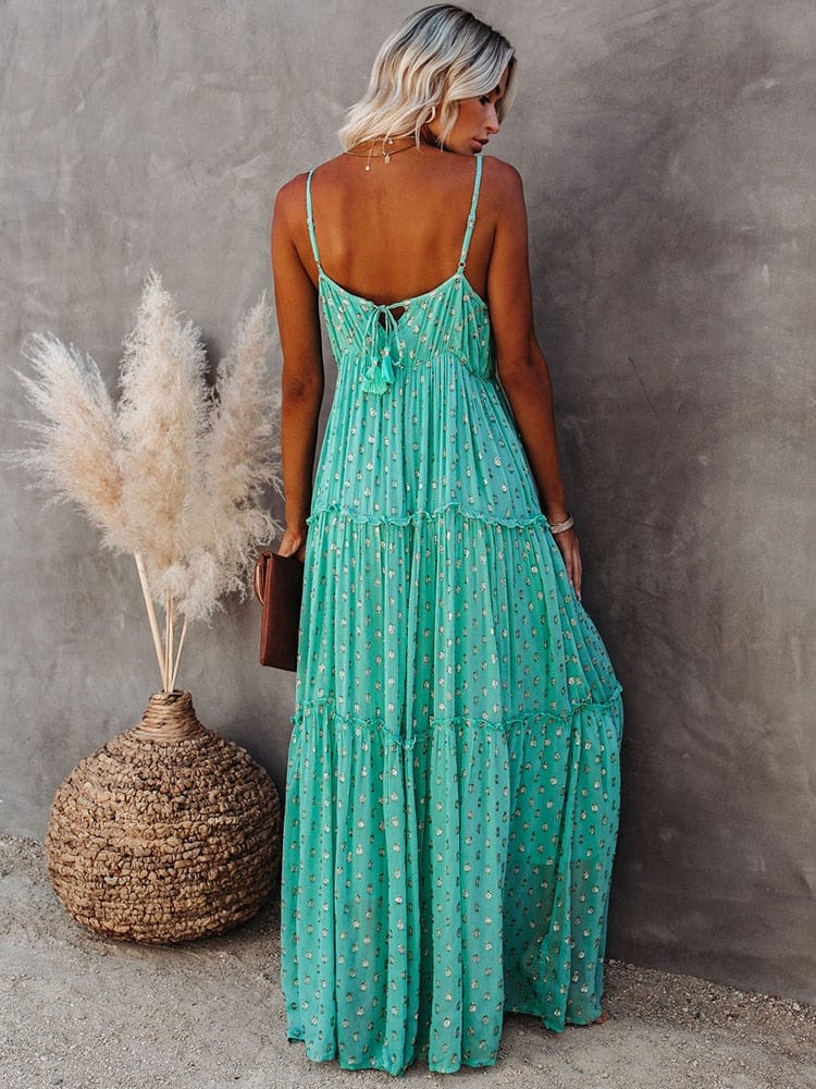 Evi Grüne Maxi-Kleid mit V-Ausschnitt und sommerlichem Ibiza-Muster