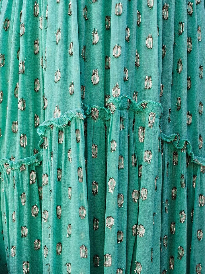 Evi Grüne Maxi-Kleid mit V-Ausschnitt und sommerlichem Ibiza-Muster