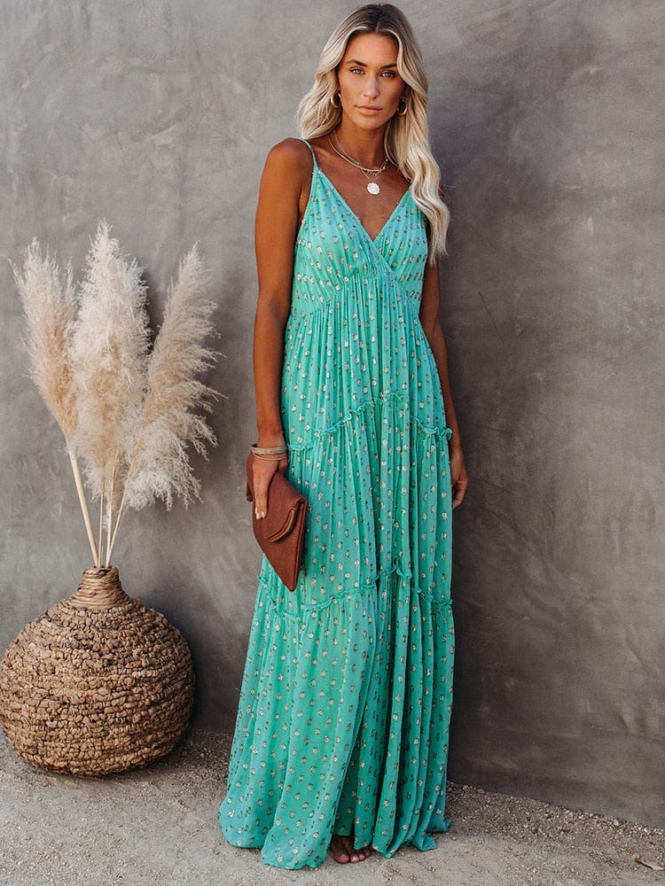 Evi Grüne Maxi-Kleid mit V-Ausschnitt und sommerlichem Ibiza-Muster