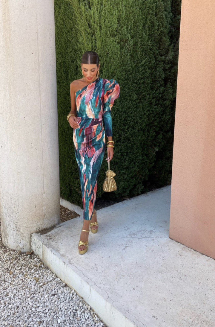 Yllana - Lila Puff-Ein-Schulter-Midi-Kleid
