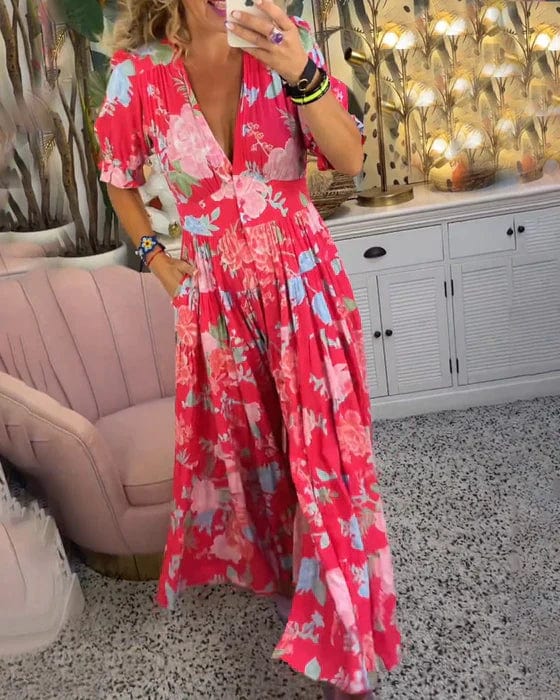 Isabeau    - Langes bequemes Kleid mit V-Ausschnitt und Taschen