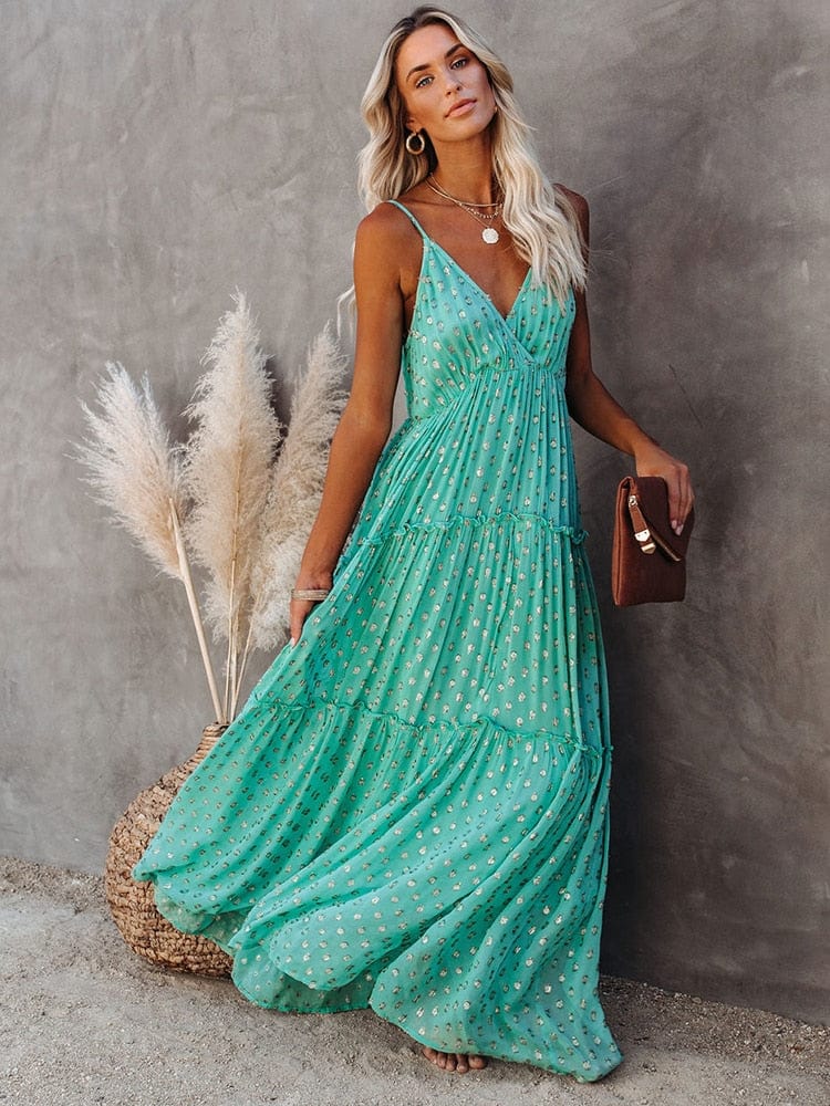 Evi Grüne Maxi-Kleid mit V-Ausschnitt und sommerlichem Ibiza-Muster