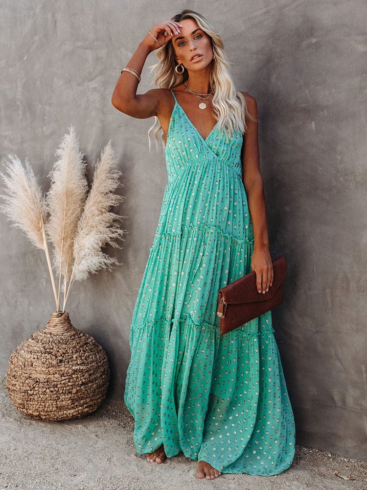 Evi Grüne Maxi-Kleid mit V-Ausschnitt und sommerlichem Ibiza-Muster