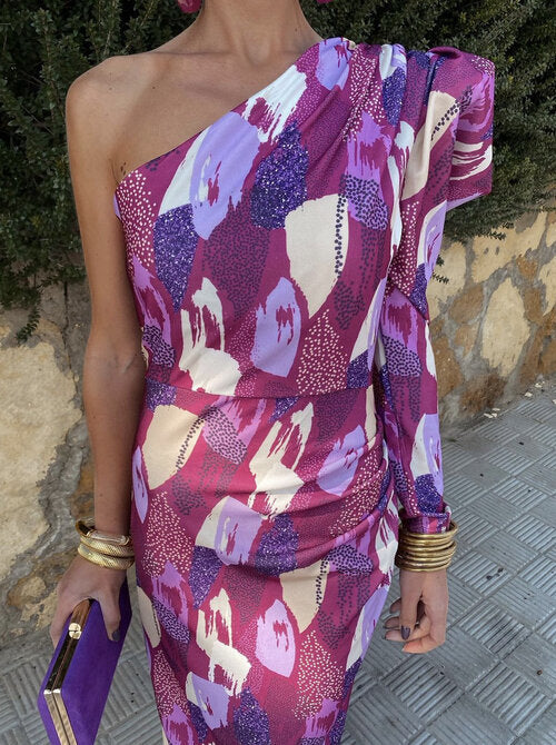 Yllana - Lila Puff-Ein-Schulter-Midi-Kleid