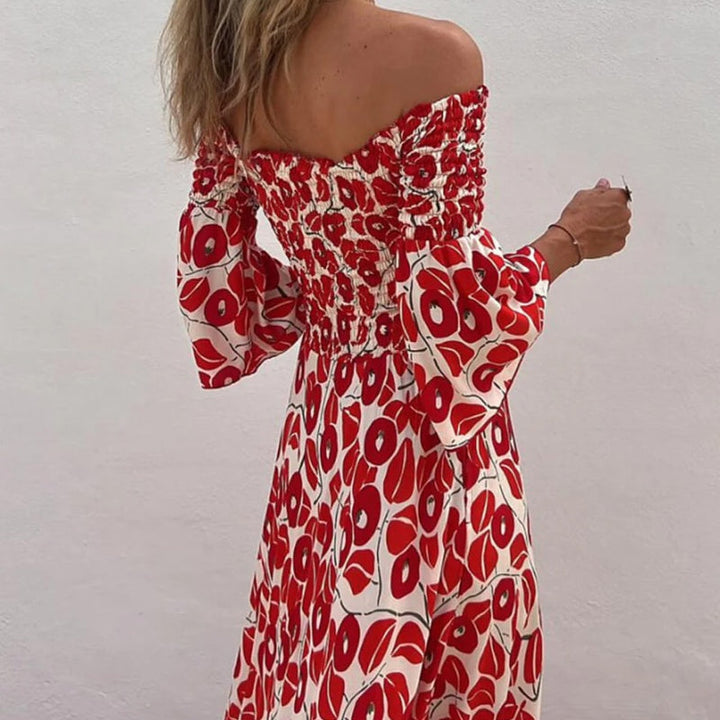 Langes Kleid mit offenen Schultern und Blumenmuster – Eleganz und sommerliche Frische