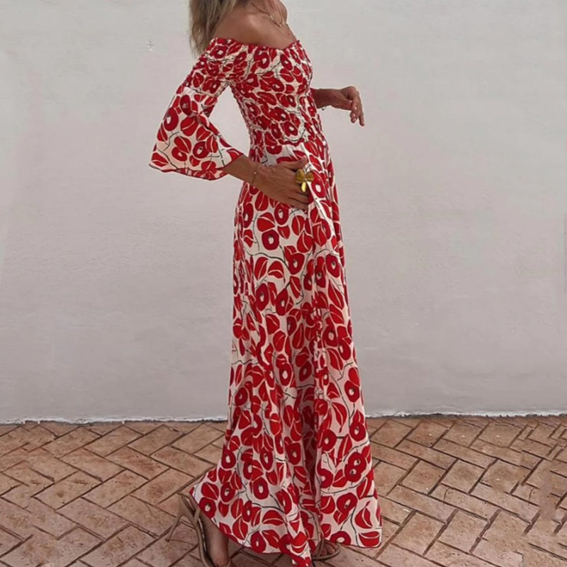 Langes Kleid mit offenen Schultern und Blumenmuster – Eleganz und sommerliche Frische
