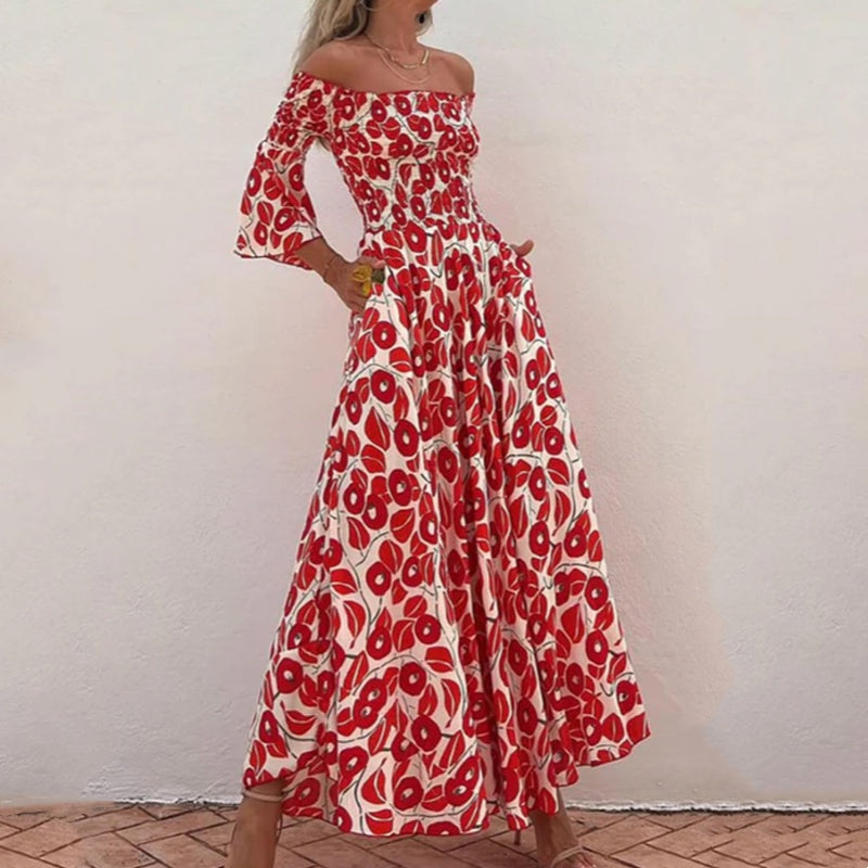 Langes Kleid mit offenen Schultern und Blumenmuster – Eleganz und sommerliche Frische