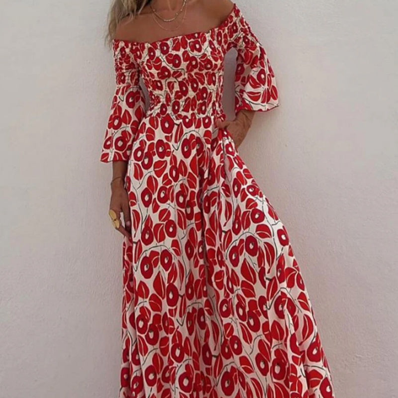 Langes Kleid mit offenen Schultern und Blumenmuster – Eleganz und sommerliche Frische