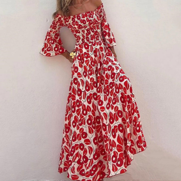 Langes Kleid mit offenen Schultern und Blumenmuster – Eleganz und sommerliche Frische