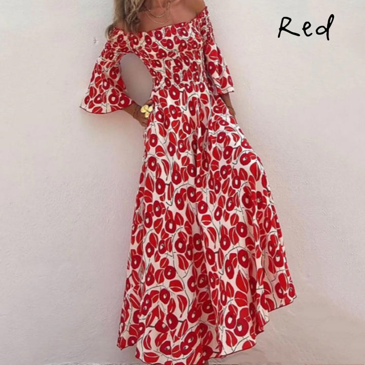 Langes Kleid mit offenen Schultern und Blumenmuster – Eleganz und sommerliche Frische